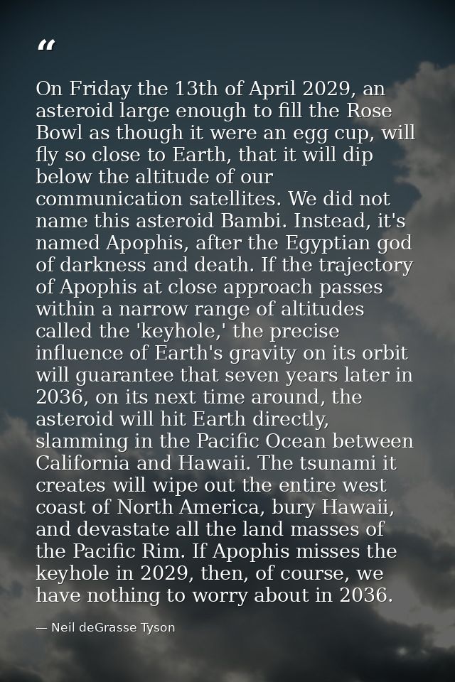 On Friday the 13th of April 2029, an asteroid large enough to fill the Rose Bowl as though it were an egg cup, will fly  — Neil deGrasse Tyson