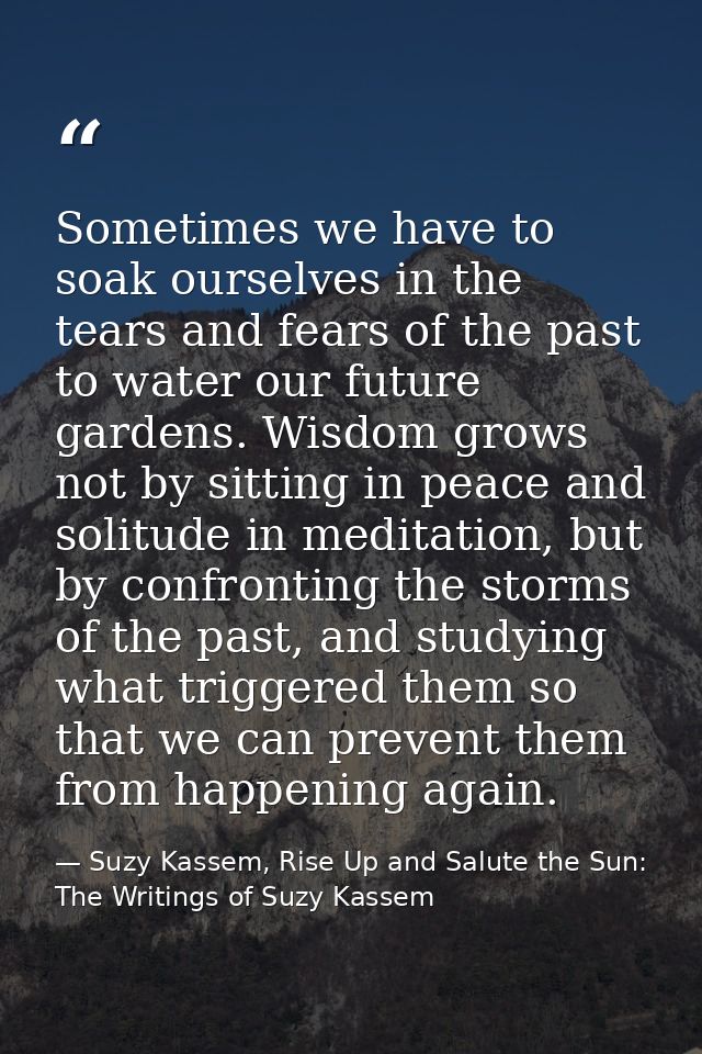 Sometimes we have to soak ourselves in the tears and fears of the past to water our future gardens. Wisdom grows not by  — Suzy Kassem, Rise Up and Salute the Sun: The Writings of Suzy Kassem