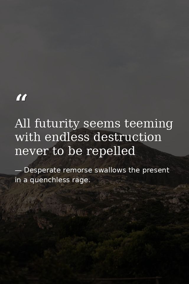 All futurity seems teeming with endless destruction never to be repelled — Desperate remorse swallows the present in a quenchless rage.