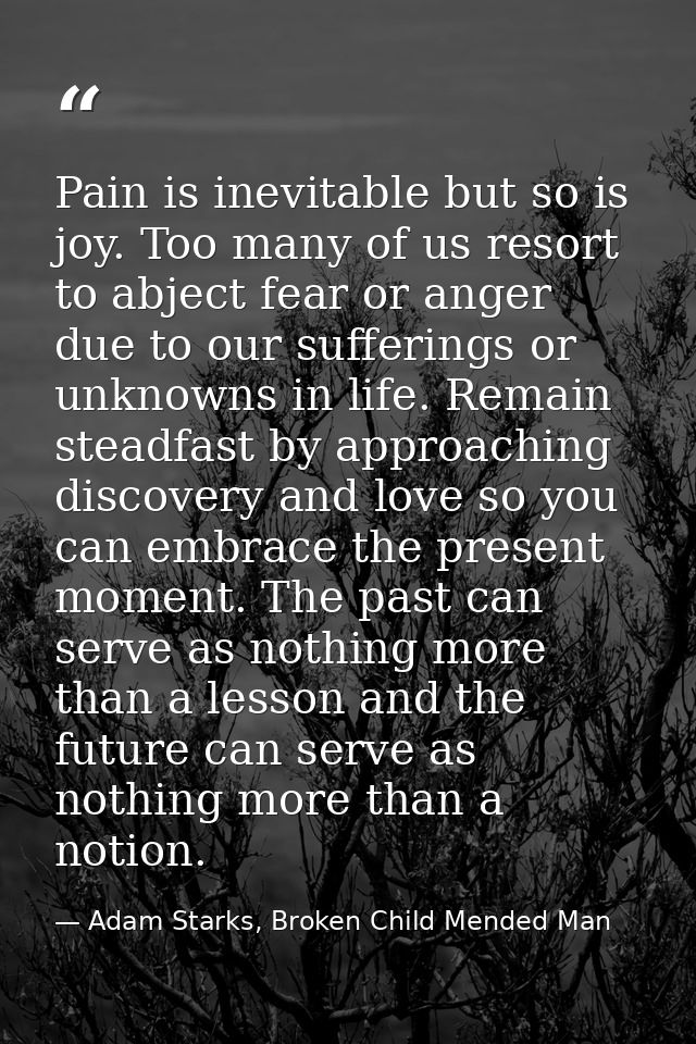 Pain is inevitable but so is joy. Too many of us resort to abject fear or anger due to our sufferings or unknowns in lif — Adam Starks, Broken Child Mended Man