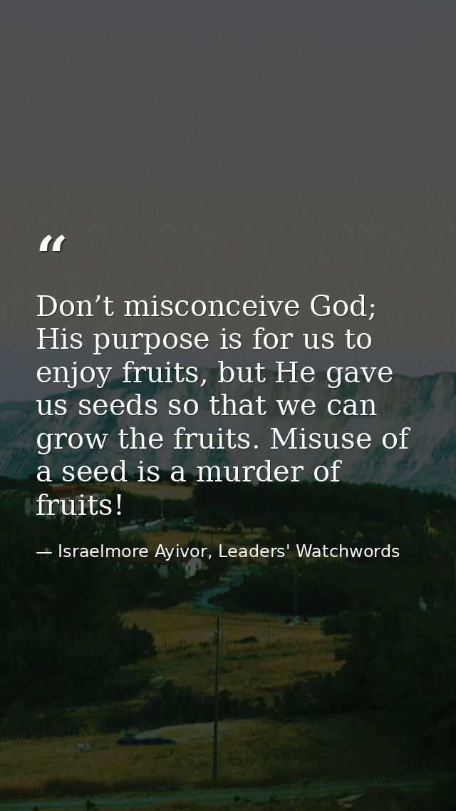 Don’t misconceive God; His purpose is for us to enjoy fruits, but He gave us seeds so that we can grow the fruits. Misus — Israelmore Ayivor, Leaders' Watchwords