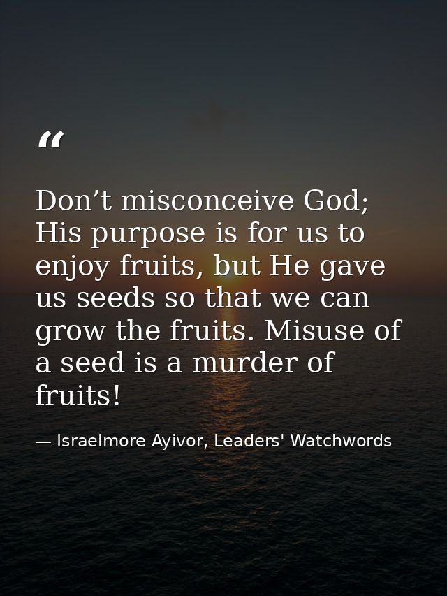 Don’t misconceive God; His purpose is for us to enjoy fruits, but He gave us seeds so that we can grow the fruits. Misus — Israelmore Ayivor, Leaders' Watchwords