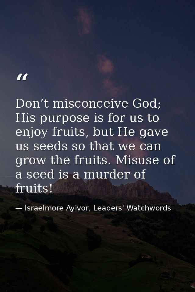 Don’t misconceive God; His purpose is for us to enjoy fruits, but He gave us seeds so that we can grow the fruits. Misus — Israelmore Ayivor, Leaders' Watchwords