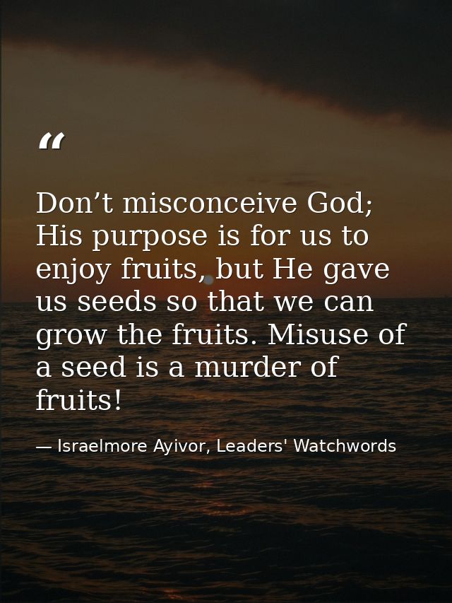 Don’t misconceive God; His purpose is for us to enjoy fruits, but He gave us seeds so that we can grow the fruits. Misus — Israelmore Ayivor, Leaders' Watchwords