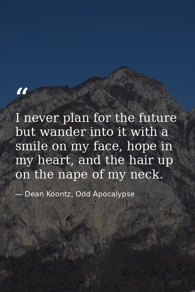 I never plan for the future but wander into it with a smile on my face, hope in my heart, and the hair up on the nape of — Dean Koontz, Odd Apocalypse