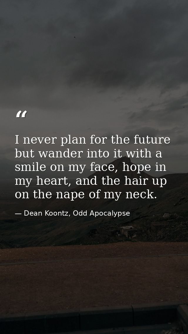 I never plan for the future but wander into it with a smile on my face, hope in my heart, and the hair up on the nape of — Dean Koontz, Odd Apocalypse