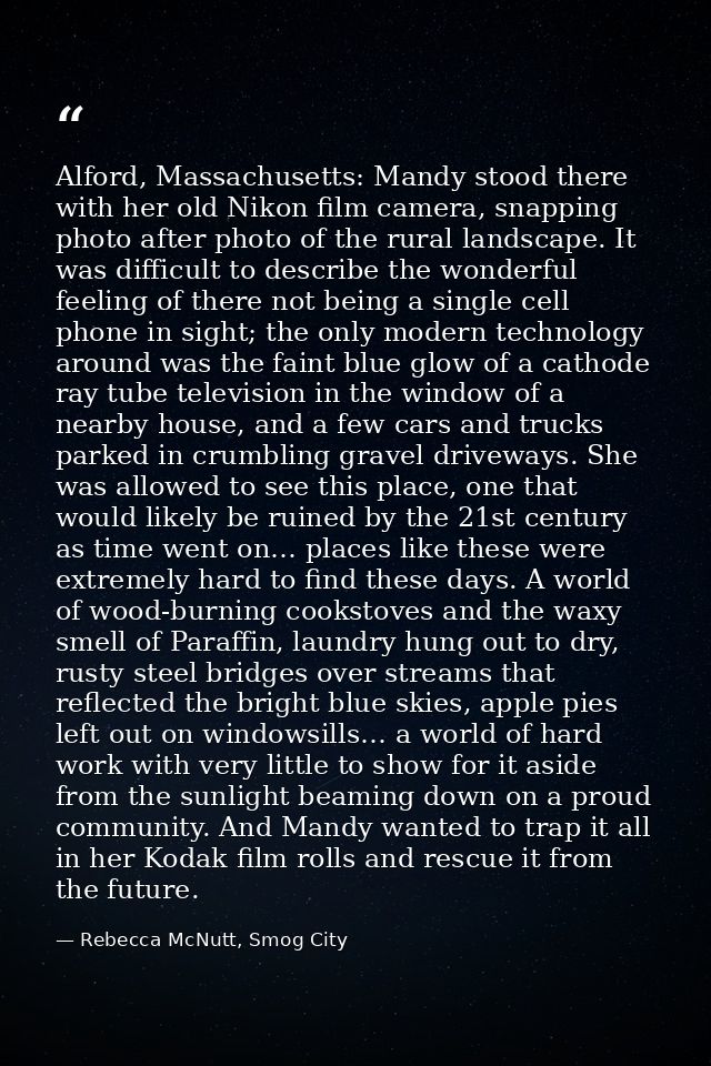 Alford, Massachusetts: Mandy stood there with her old Nikon film camera, snapping photo after photo of the rural landsca — Rebecca McNutt, Smog City