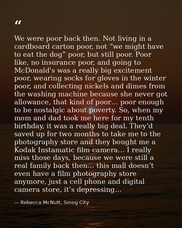 We were poor back then. Not living in a cardboard carton poor, not “we might have to eat the dog” poor, but still poor.  — Rebecca McNutt, Smog City