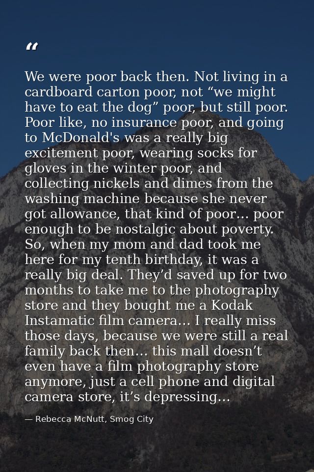 We were poor back then. Not living in a cardboard carton poor, not “we might have to eat the dog” poor, but still poor.  — Rebecca McNutt, Smog City