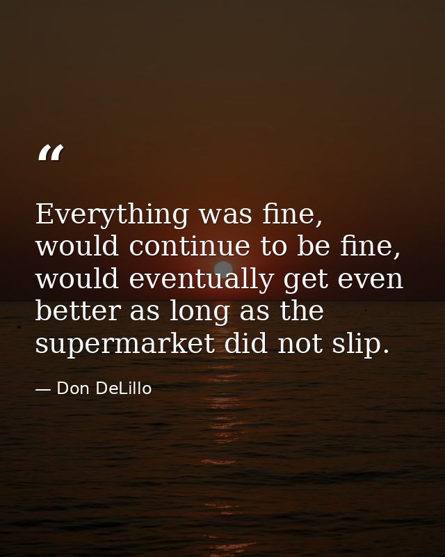 Everything was fine, would continue to be fine, would eventually get even better as long as the supermarket did not slip — Don DeLillo