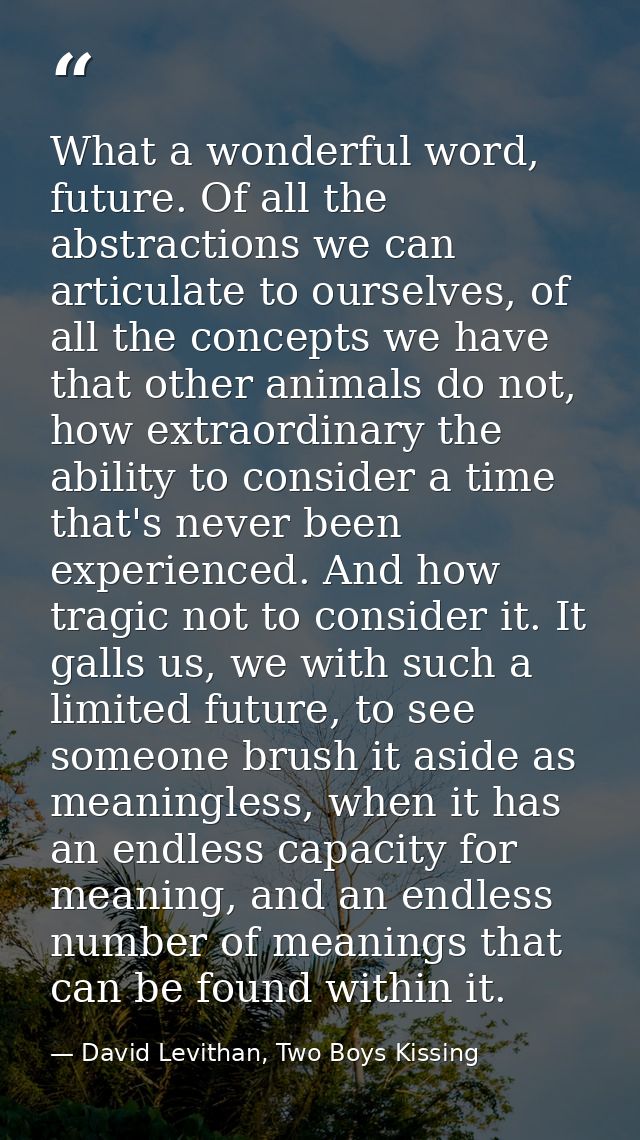 What a wonderful word, future. Of all the abstractions we can articulate to ourselves, of all the concepts we have that  — David Levithan, Two Boys Kissing