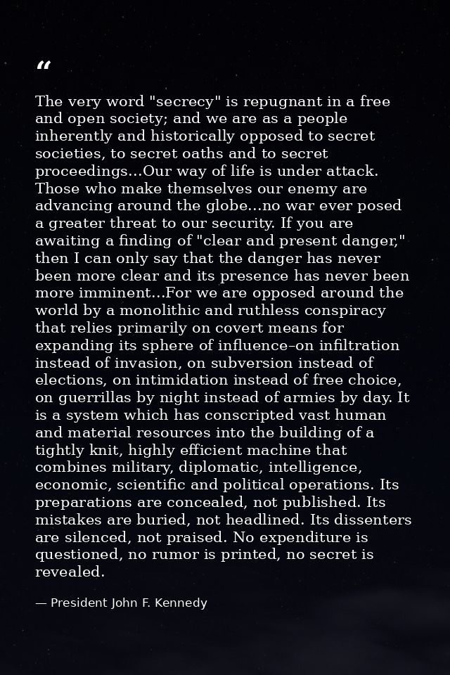 The very word "secrecy" is repugnant in a free and open society; and we are as a people inherently and historically oppo — President John F. Kennedy