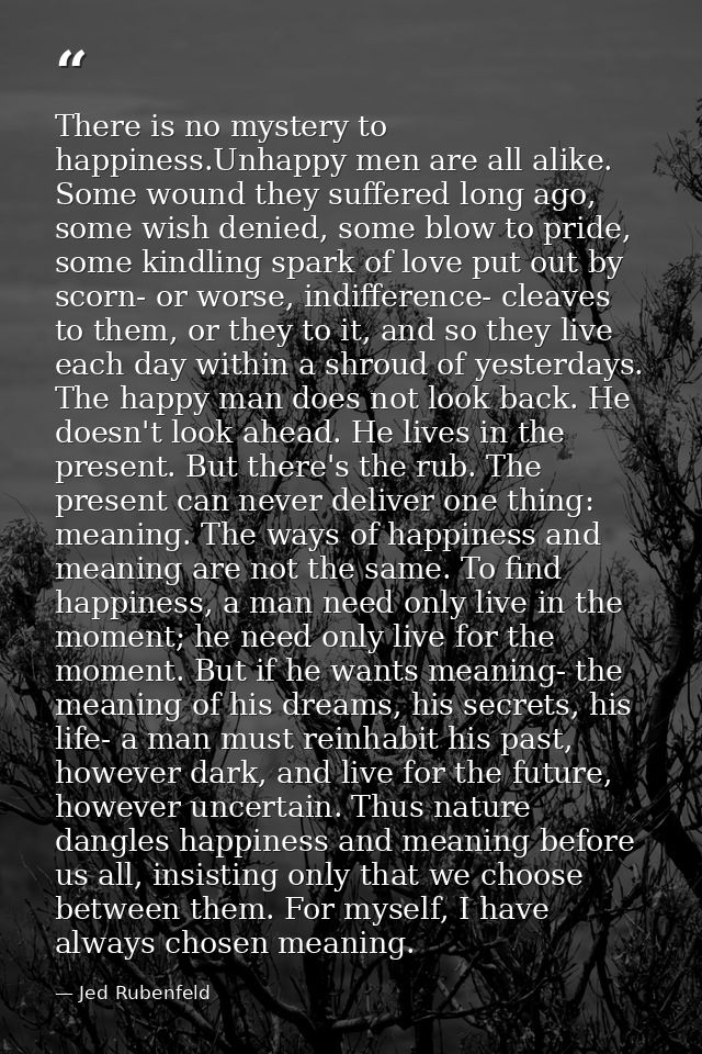 There is no mystery to happiness.Unhappy men are all alike. Some wound they suffered long ago, some wish denied, some bl — Jed Rubenfeld