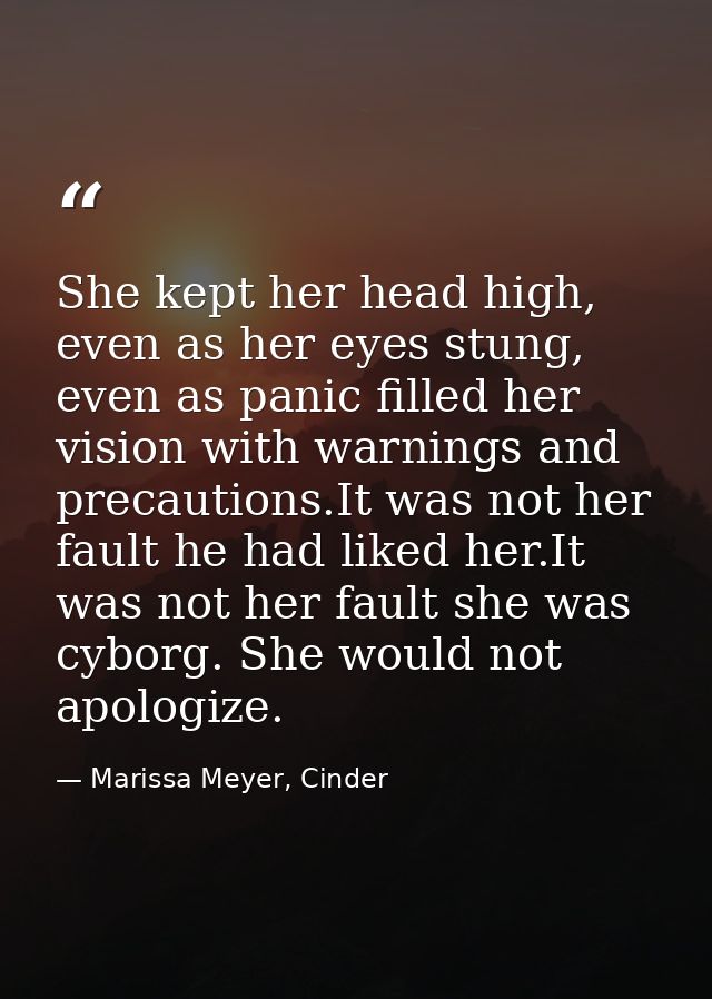 She kept her head high, even as her eyes stung, even as panic filled her vision with warnings and precautions.It was not — Marissa Meyer, Cinder