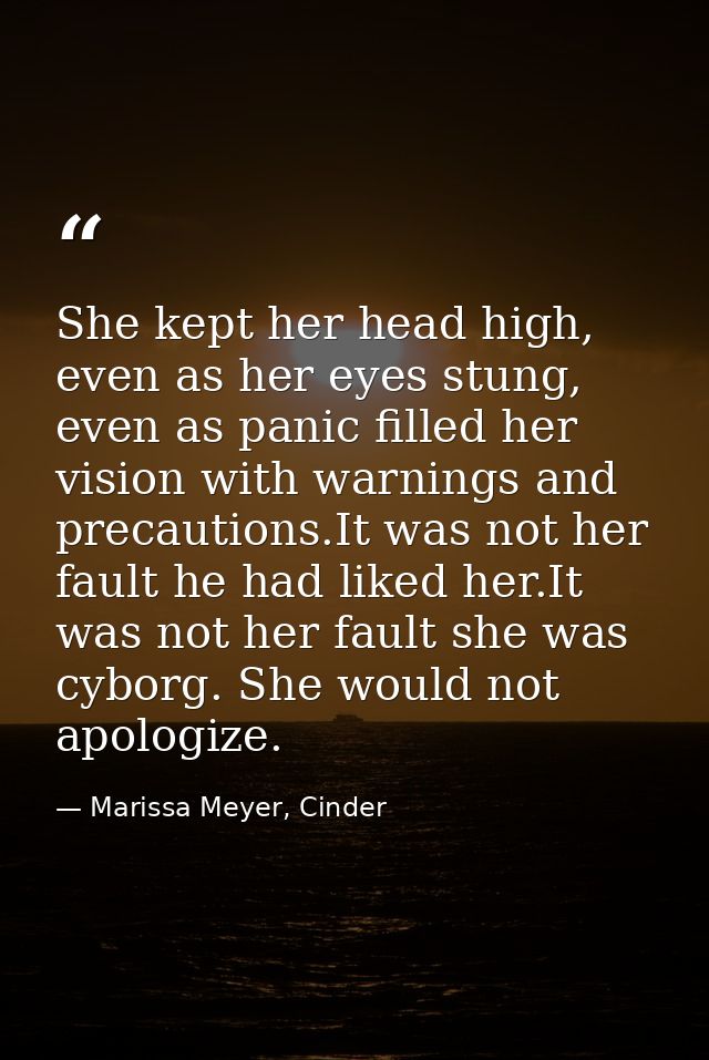 She kept her head high, even as her eyes stung, even as panic filled her vision with warnings and precautions.It was not — Marissa Meyer, Cinder