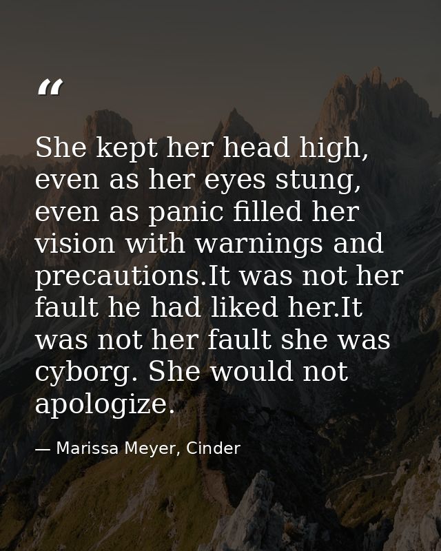 She kept her head high, even as her eyes stung, even as panic filled her vision with warnings and precautions.It was not — Marissa Meyer, Cinder