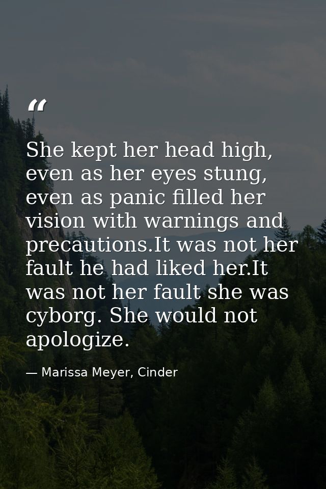 She kept her head high, even as her eyes stung, even as panic filled her vision with warnings and precautions.It was not — Marissa Meyer, Cinder