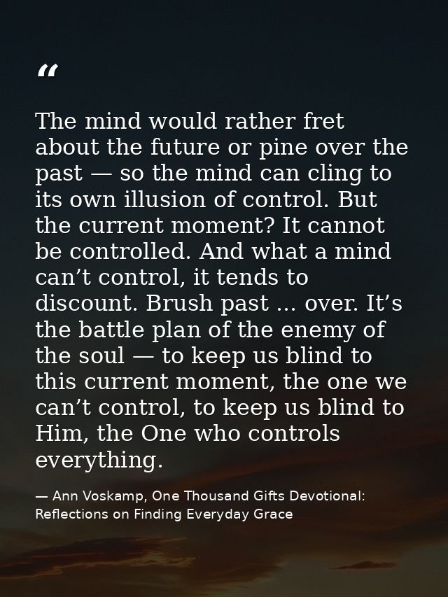 The mind would rather fret about the future or pine over the past — so the mind can cling to its own illusion of control — Ann Voskamp, One Thousand Gifts Devotional: Reflections on Finding Everyday Grace