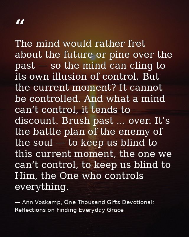 The mind would rather fret about the future or pine over the past — so the mind can cling to its own illusion of control — Ann Voskamp, One Thousand Gifts Devotional: Reflections on Finding Everyday Grace