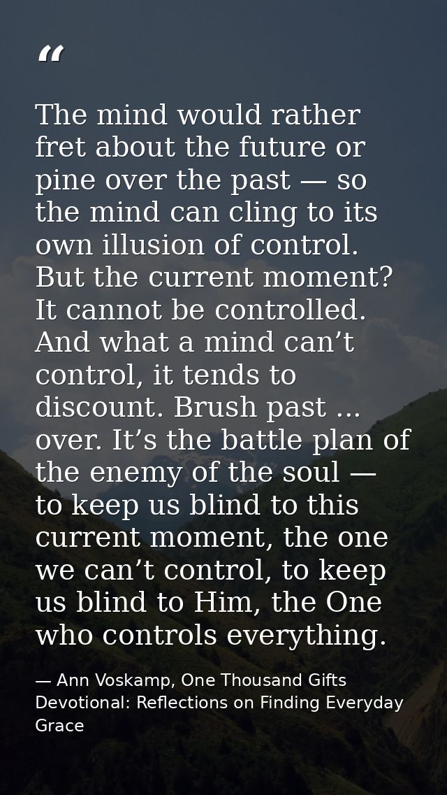 The mind would rather fret about the future or pine over the past — so the mind can cling to its own illusion of control — Ann Voskamp, One Thousand Gifts Devotional: Reflections on Finding Everyday Grace
