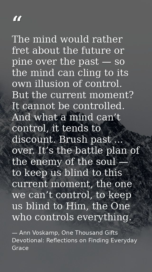 The mind would rather fret about the future or pine over the past — so the mind can cling to its own illusion of control — Ann Voskamp, One Thousand Gifts Devotional: Reflections on Finding Everyday Grace