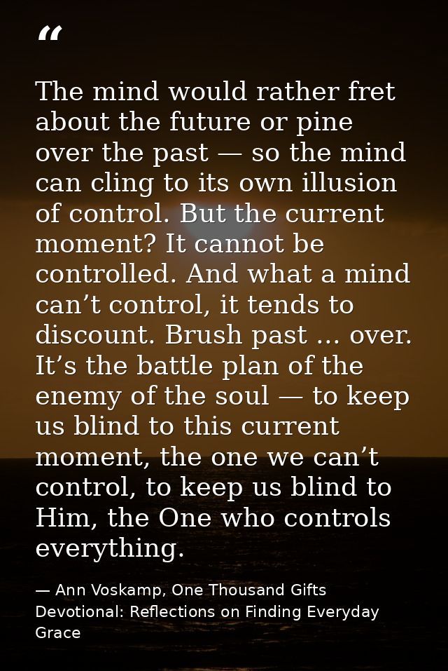 The mind would rather fret about the future or pine over the past — so the mind can cling to its own illusion of control — Ann Voskamp, One Thousand Gifts Devotional: Reflections on Finding Everyday Grace
