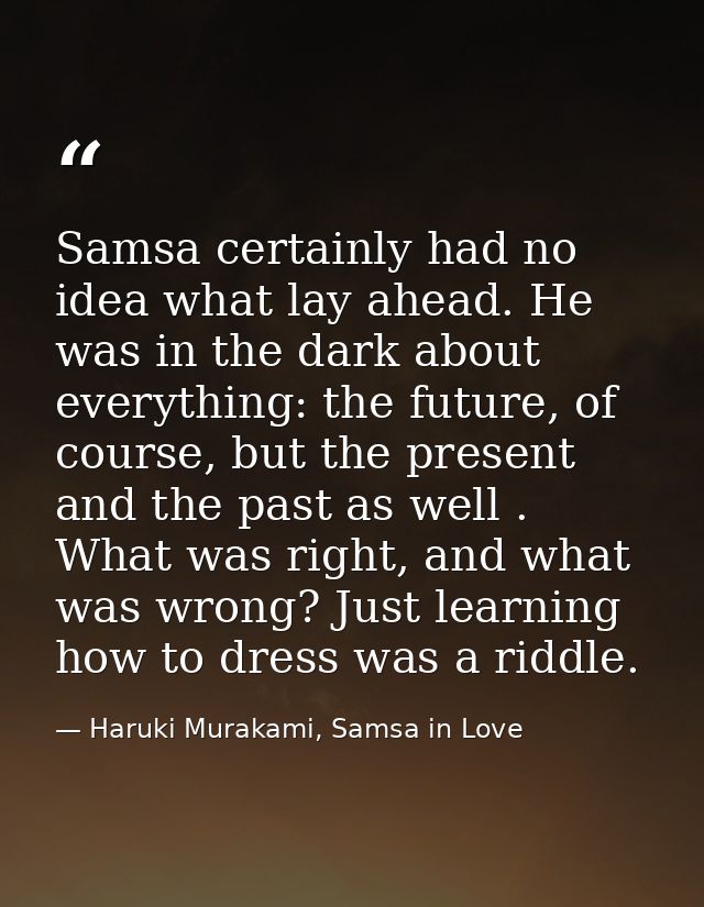 Samsa certainly had no idea what lay ahead. He was in the dark about everything: the future, of course, but the present  — Haruki Murakami, Samsa in Love