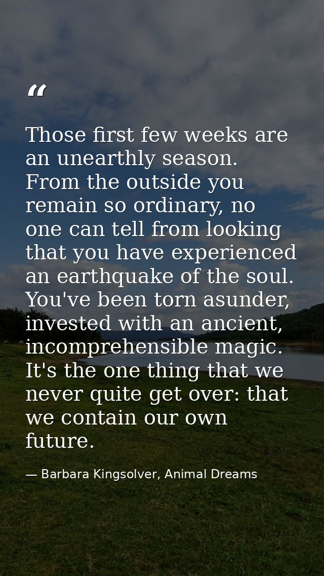 Those first few weeks are an unearthly season. From the outside you remain so ordinary, no one can tell from looking tha — Barbara Kingsolver, Animal Dreams