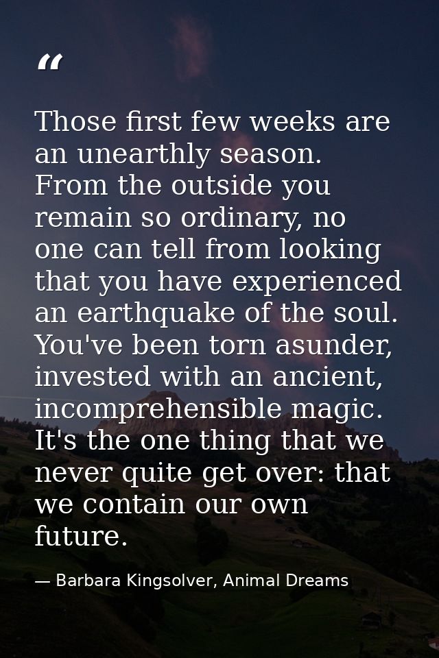 Those first few weeks are an unearthly season. From the outside you remain so ordinary, no one can tell from looking tha — Barbara Kingsolver, Animal Dreams