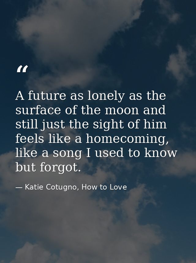 A future as lonely as the surface of the moon and still just the sight of him feels like a homecoming, like a song I use — Katie Cotugno, How to Love