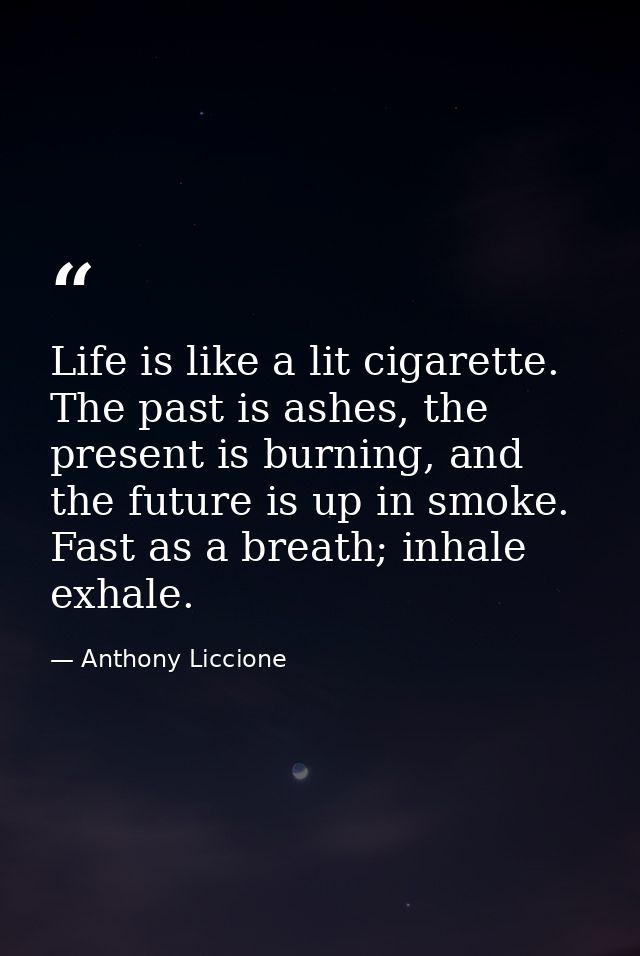 Life is like a lit cigarette. The past is ashes, the present is burning, and the future is up in smoke. Fast as a breath — Anthony Liccione