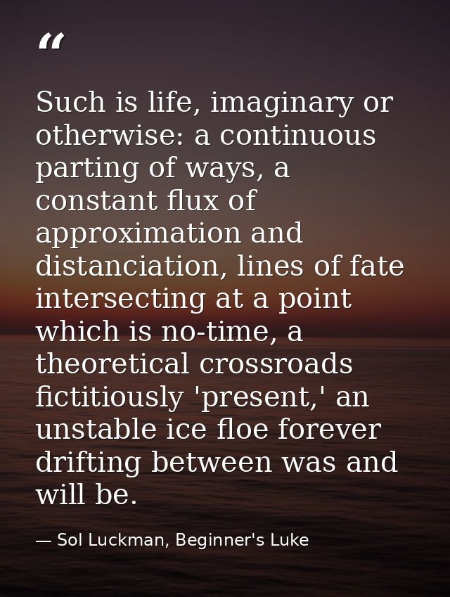 Such is life, imaginary or otherwise: a continuous parting of ways, a constant flux of approximation and distanciation,  — Sol Luckman, Beginner's Luke