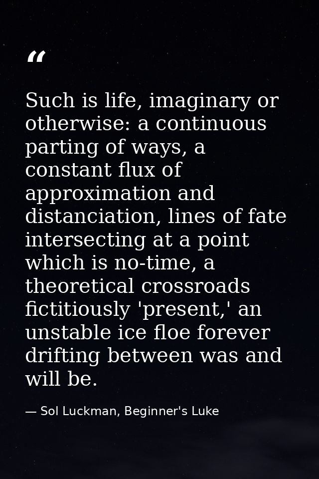 Such is life, imaginary or otherwise: a continuous parting of ways, a constant flux of approximation and distanciation,  — Sol Luckman, Beginner's Luke