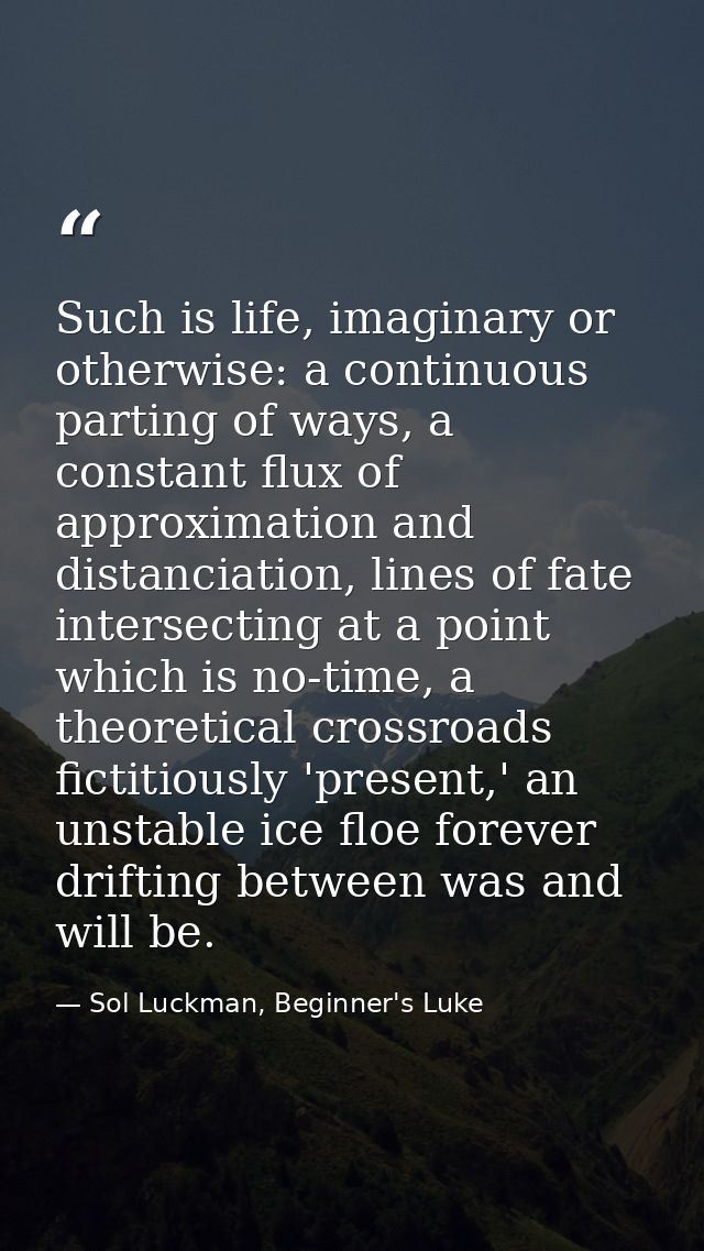 Such is life, imaginary or otherwise: a continuous parting of ways, a constant flux of approximation and distanciation,  — Sol Luckman, Beginner's Luke