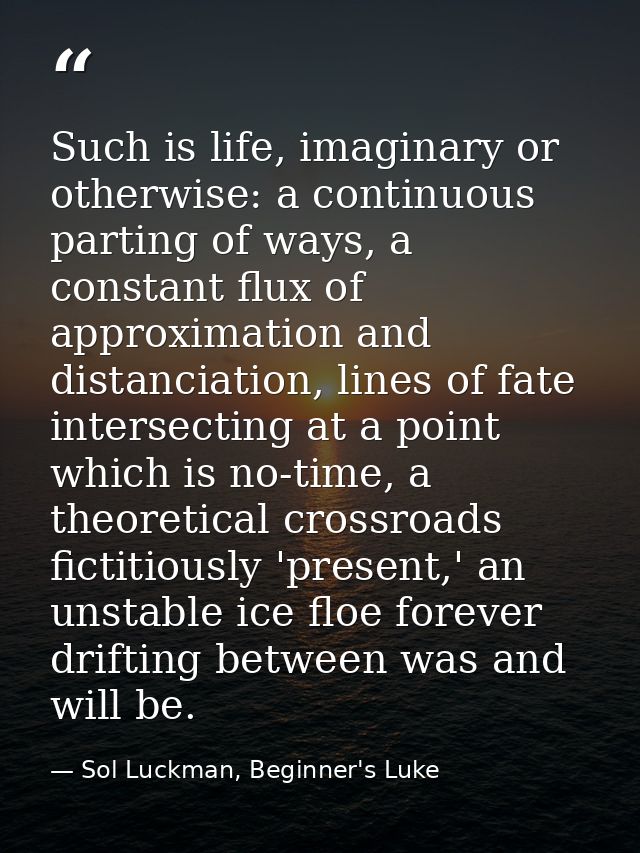 Such is life, imaginary or otherwise: a continuous parting of ways, a constant flux of approximation and distanciation,  — Sol Luckman, Beginner's Luke