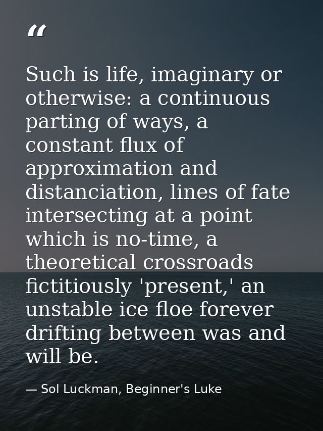 Such is life, imaginary or otherwise: a continuous parting of ways, a constant flux of approximation and distanciation,  — Sol Luckman, Beginner's Luke