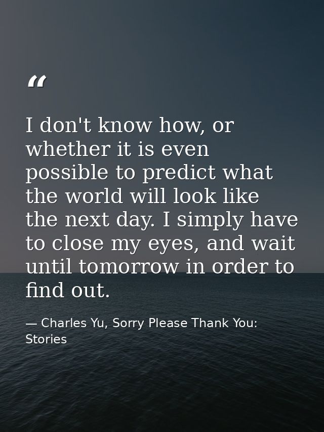 I don't know how, or whether it is even possible to predict what the world will look like the next day. I simply have to — Charles Yu, Sorry Please Thank You: Stories