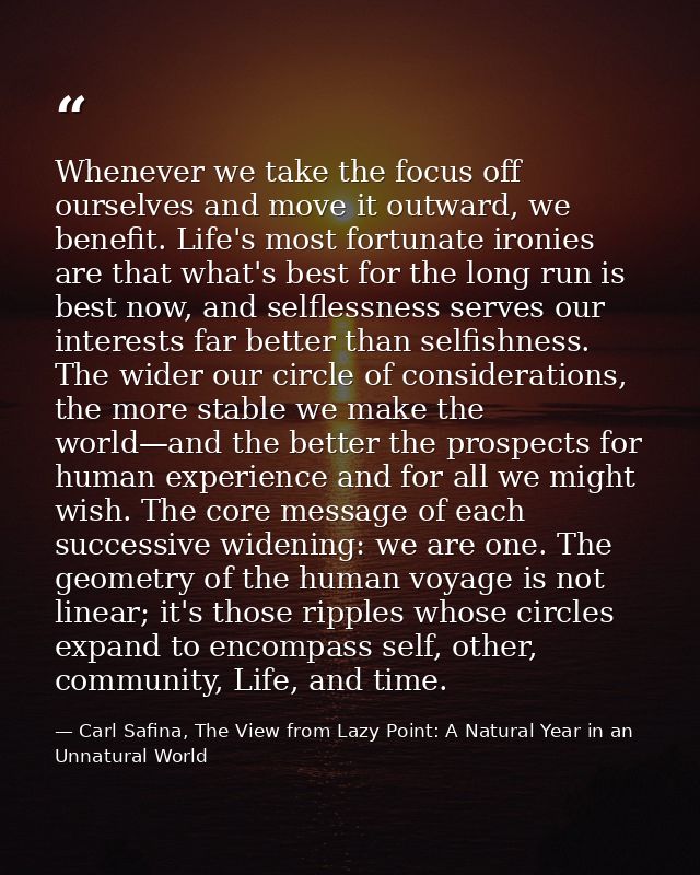 Whenever we take the focus off ourselves and move it outward, we benefit. Life's most fortunate ironies are that what's  — Carl Safina, The View from Lazy Point: A Natural Year in an Unnatural World