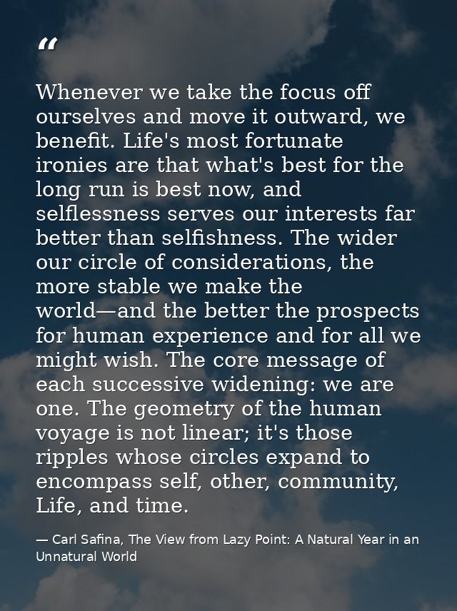 Whenever we take the focus off ourselves and move it outward, we benefit. Life's most fortunate ironies are that what's  — Carl Safina, The View from Lazy Point: A Natural Year in an Unnatural World