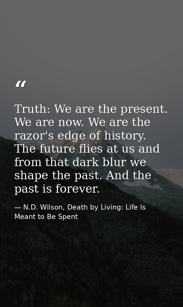 Truth: We are the present. We are now. We are the razor's edge of history. The future flies at us and from that dark blu — N.D. Wilson, Death by Living: Life Is Meant to Be Spent