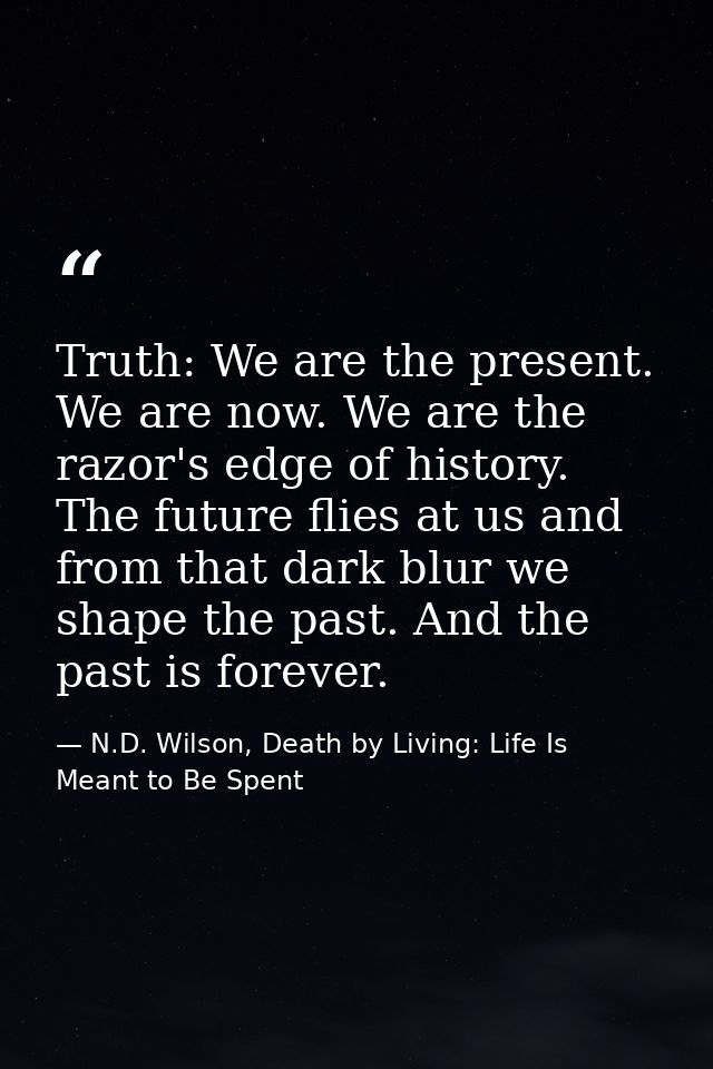 Truth: We are the present. We are now. We are the razor's edge of history. The future flies at us and from that dark blu — N.D. Wilson, Death by Living: Life Is Meant to Be Spent