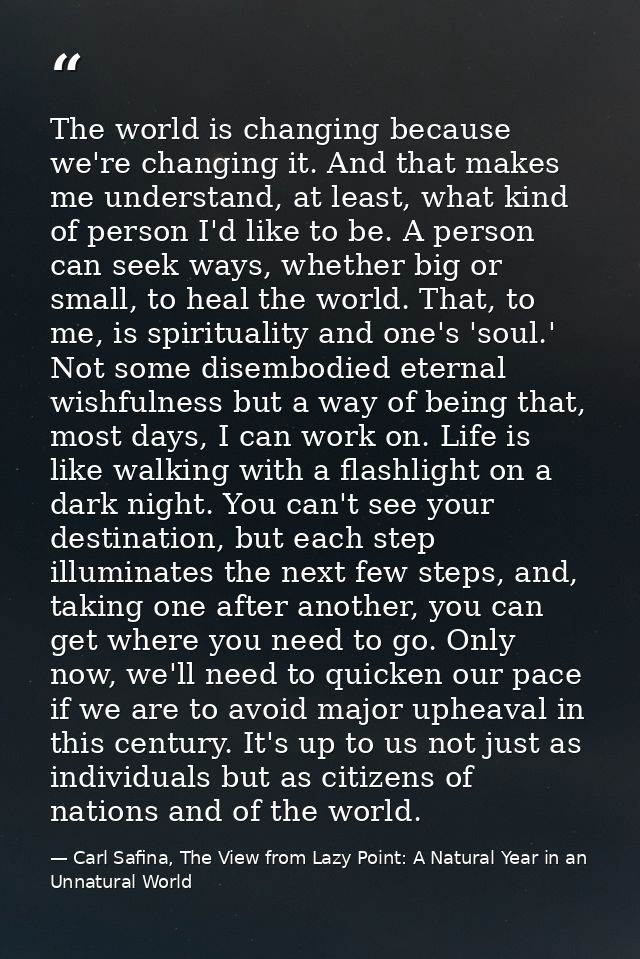 The world is changing because we're changing it. And that makes me understand, at least, what kind of person I'd like to — Carl Safina, The View from Lazy Point: A Natural Year in an Unnatural World