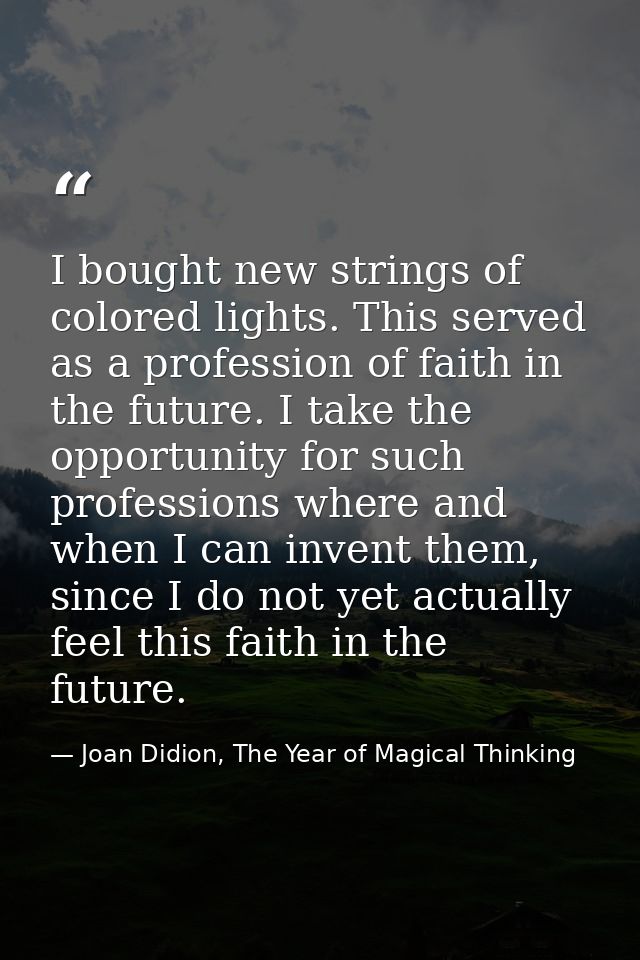 I bought new strings of colored lights. This served as a profession of faith in the future. I take the opportunity for s — Joan Didion, The Year of Magical Thinking