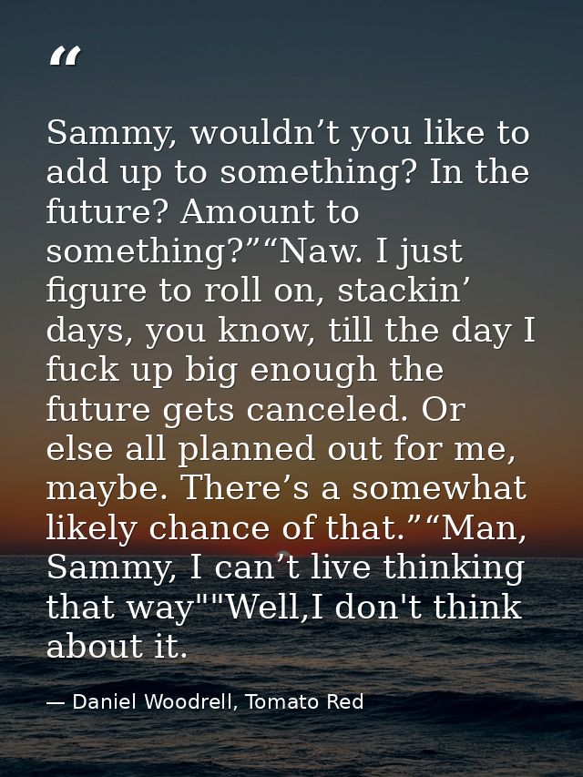 Sammy, wouldn’t you like to add up to something? In the future? Amount to something?”“Naw. I just figure to roll on, sta — Daniel Woodrell, Tomato Red