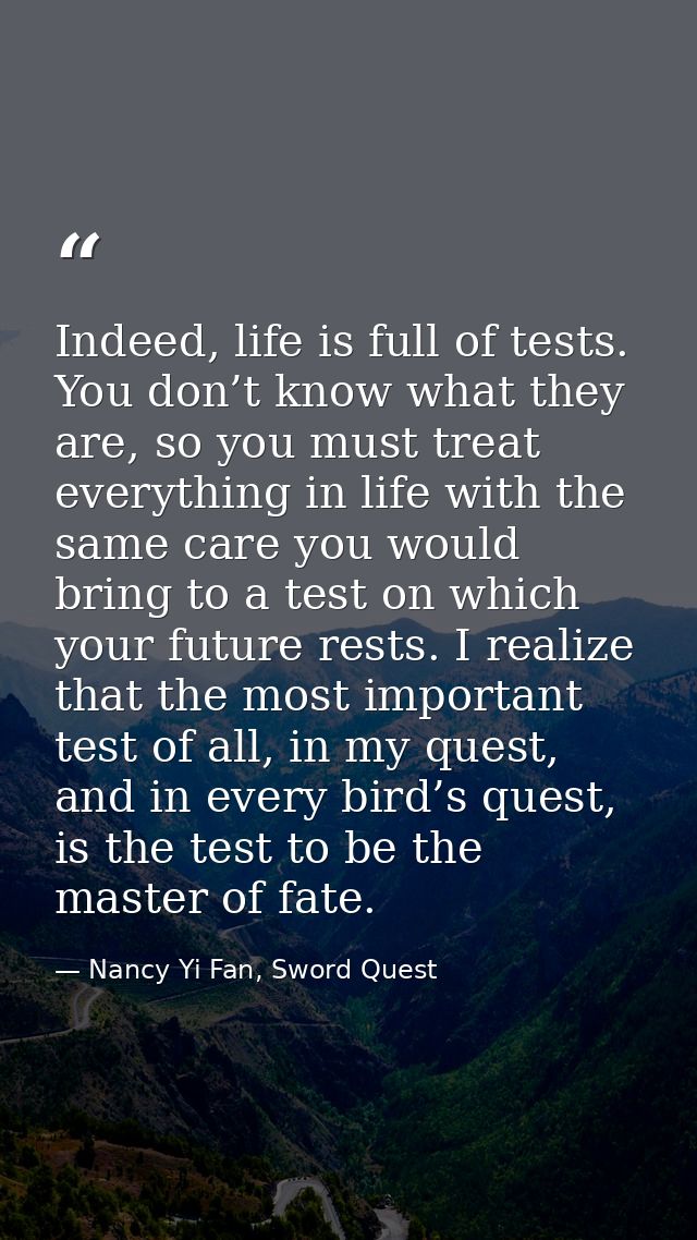 Indeed, life is full of tests. You don’t know what they are, so you must treat everything in life with the same care you — Nancy Yi Fan, Sword Quest