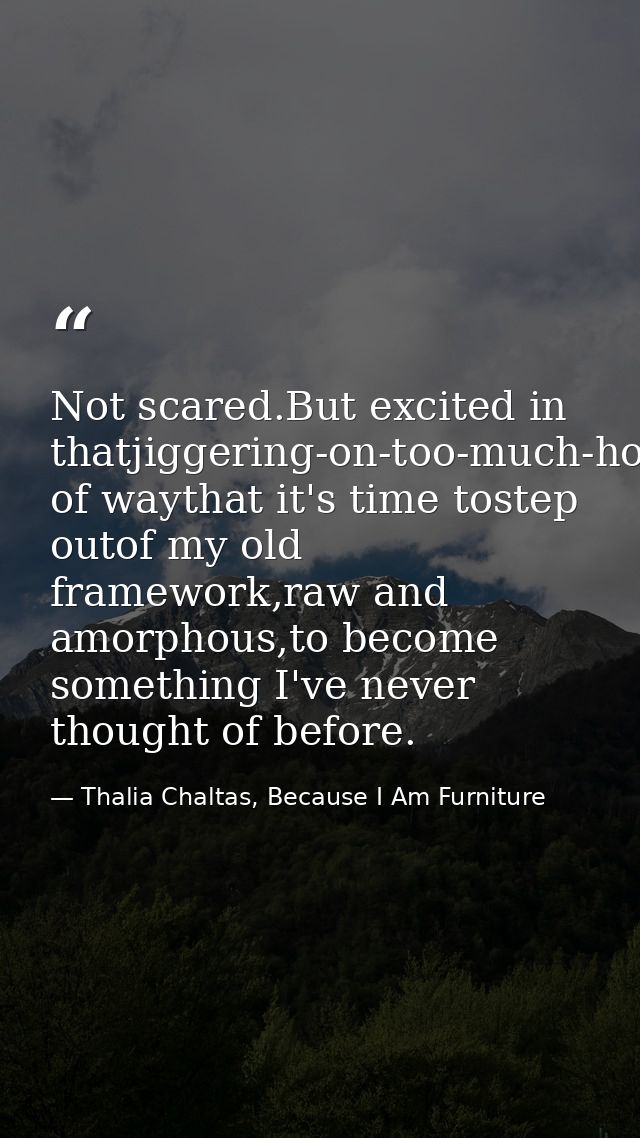 Not scared.But excited in thatjiggering-on-too-much-hot-saucekind of waythat it's time tostep outof my old framework,raw — Thalia Chaltas, Because I Am Furniture