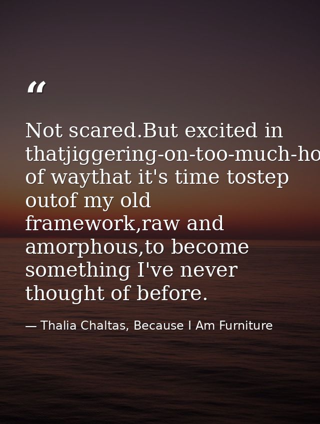 Not scared.But excited in thatjiggering-on-too-much-hot-saucekind of waythat it's time tostep outof my old framework,raw — Thalia Chaltas, Because I Am Furniture