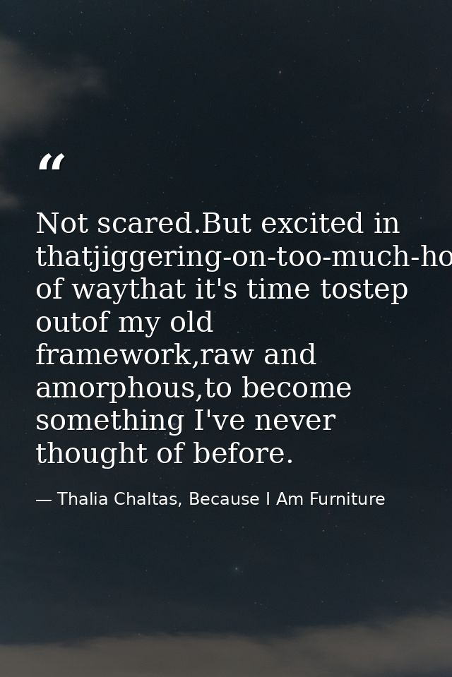 Not scared.But excited in thatjiggering-on-too-much-hot-saucekind of waythat it's time tostep outof my old framework,raw — Thalia Chaltas, Because I Am Furniture