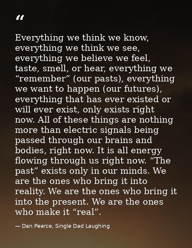 Everything we think we know, everything we think we see, everything we believe we feel, taste, smell, or hear, everythin — Dan Pearce, Single Dad Laughing