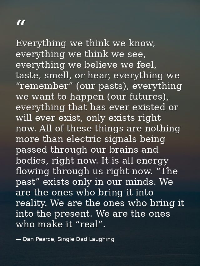 Everything we think we know, everything we think we see, everything we believe we feel, taste, smell, or hear, everythin — Dan Pearce, Single Dad Laughing